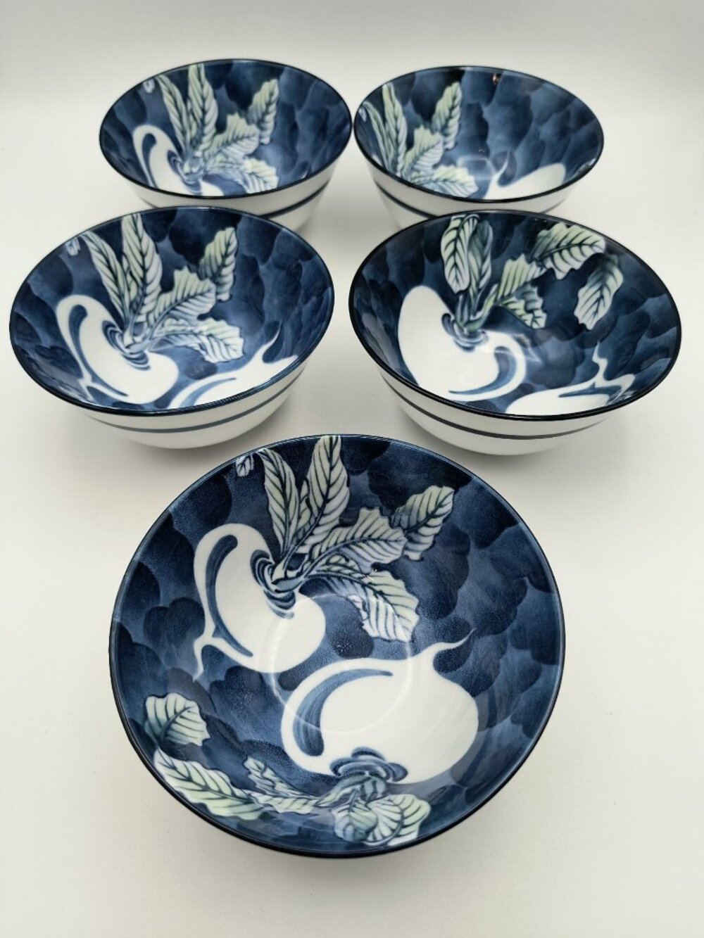 Set Of 5 Porcelain Bowls With Blue Turnip Design For Soup / Rice / Sides